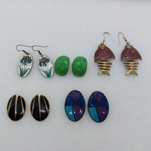 Vintage Enamel Earrings 5 Pairs Pierced  Post & Dangle Fish Flower